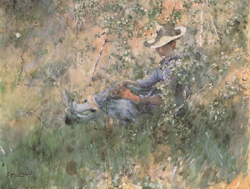 Carl Larsson Girl Among the Hawthorn Blossoms